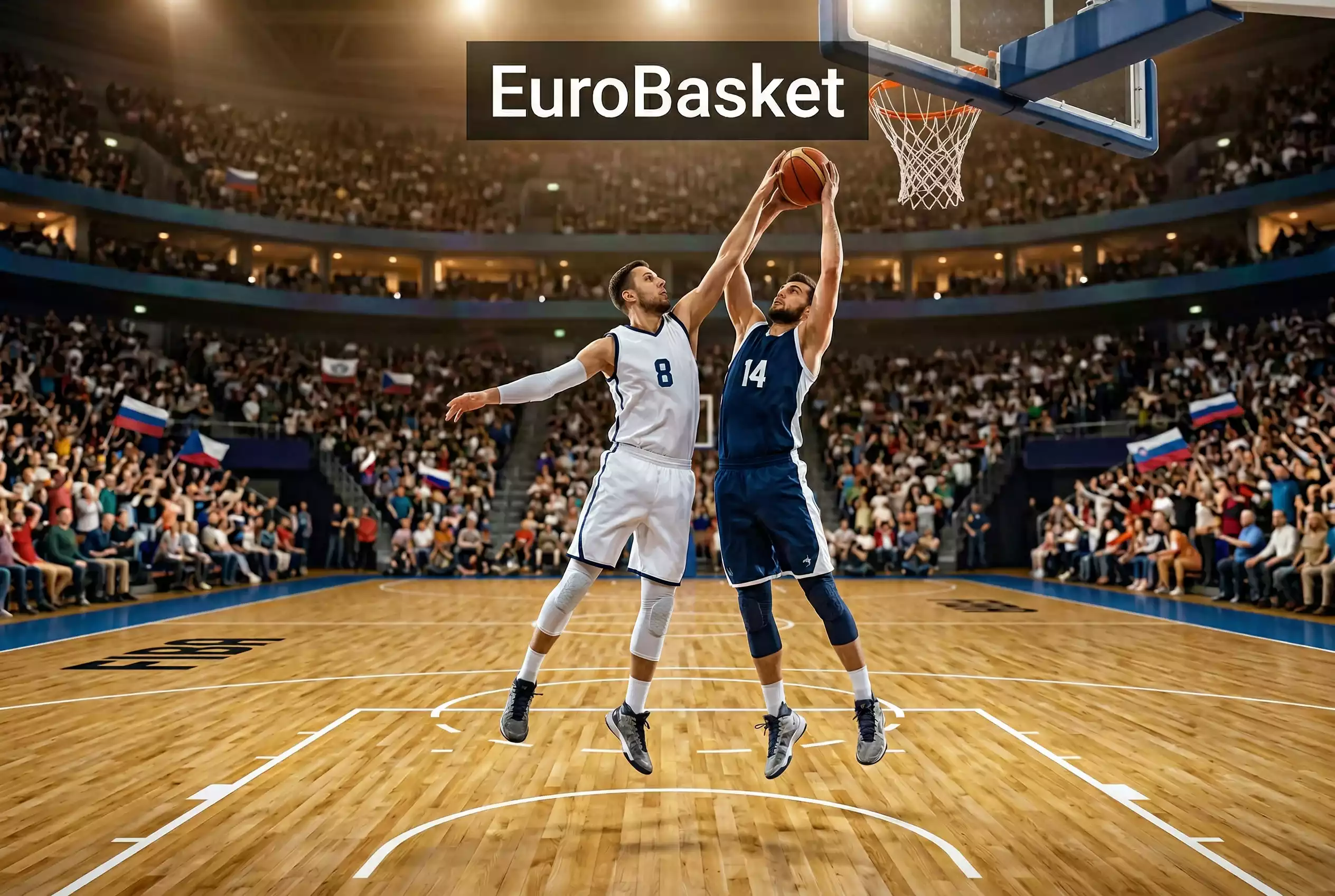 Basketballspieler in Nationaltrikots beim EuroBasket-Turnier in einer europäischen Halle