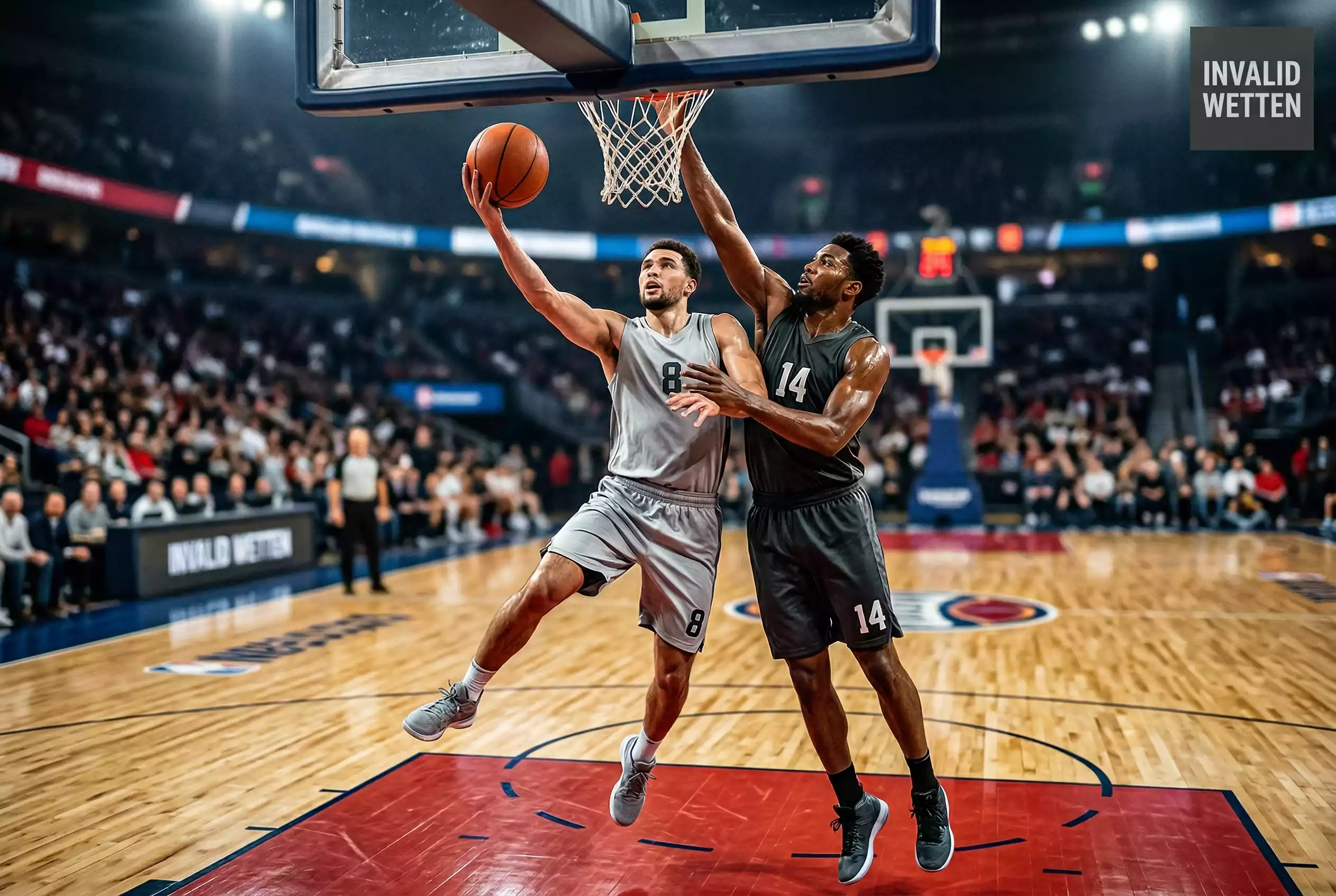 Basketball Handicap Wetten – zwei Spieler kämpfen unter dem Korb um den Ball