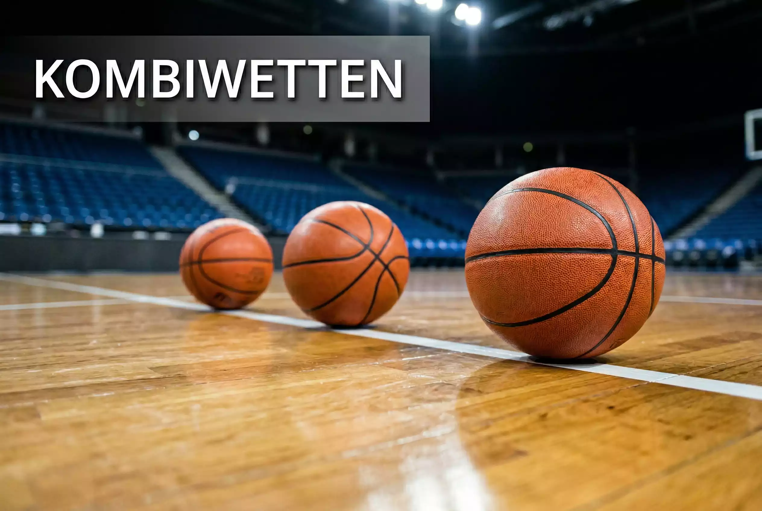 Basketball Kombiwetten – mehrere Basketbälle nebeneinander auf einem glänzenden Hallenboden