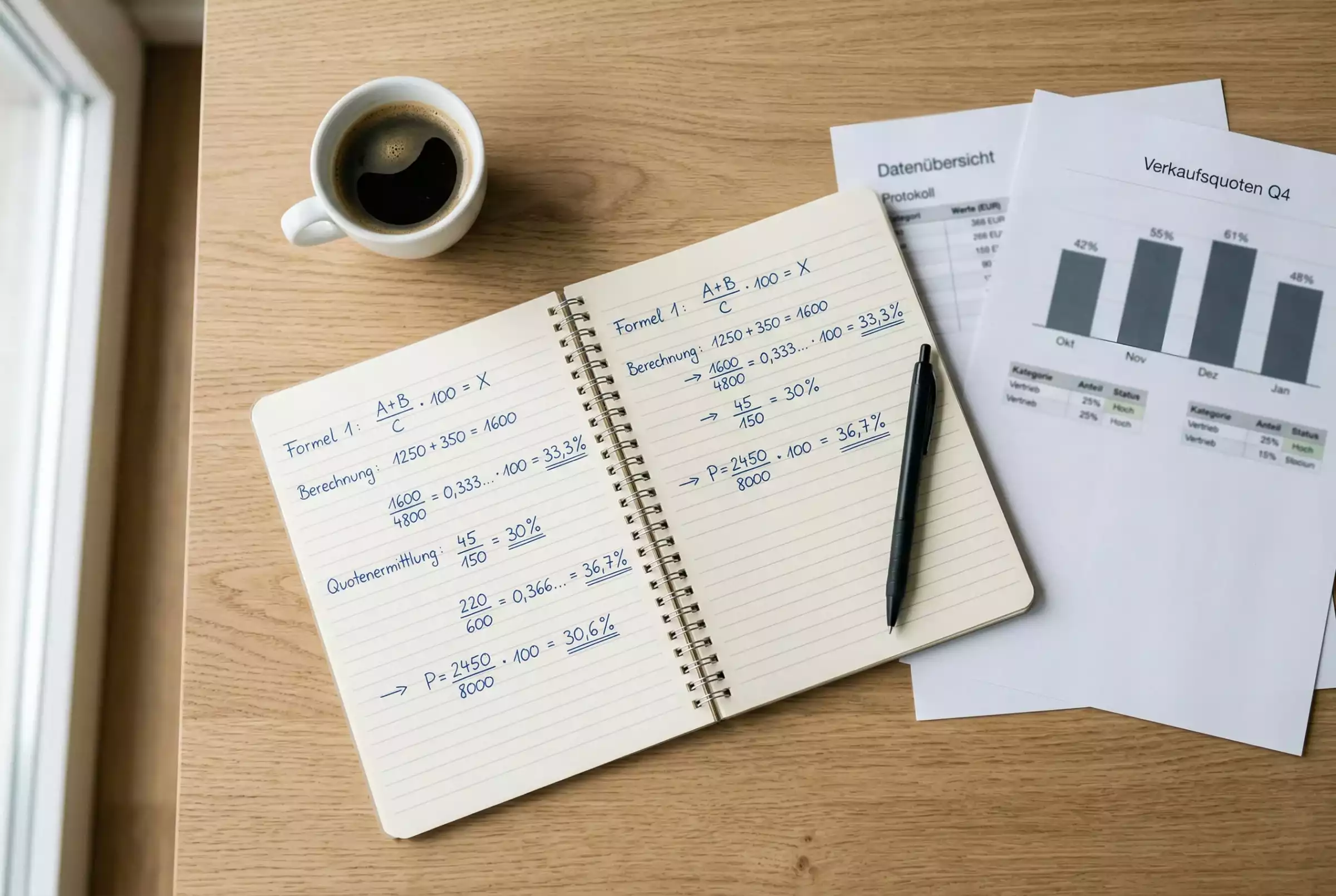 Basketball Quoten Analyse: Notizbuch mit handgeschriebenen Berechnungen und Stift auf einem Schreibtisch
