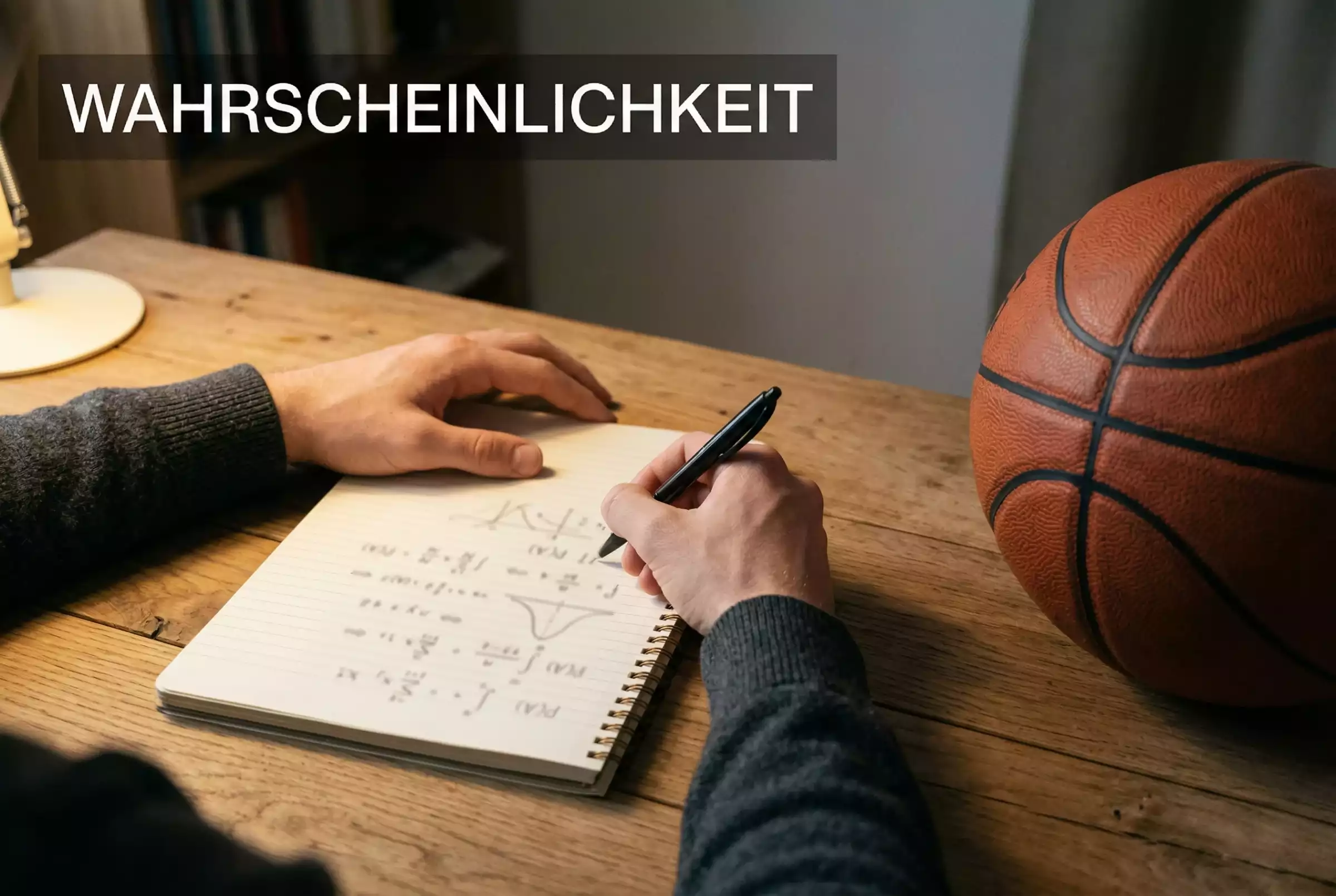 Basketball Quoten berechnen – Person schreibt Berechnungen in ein Notizbuch neben einem Basketball