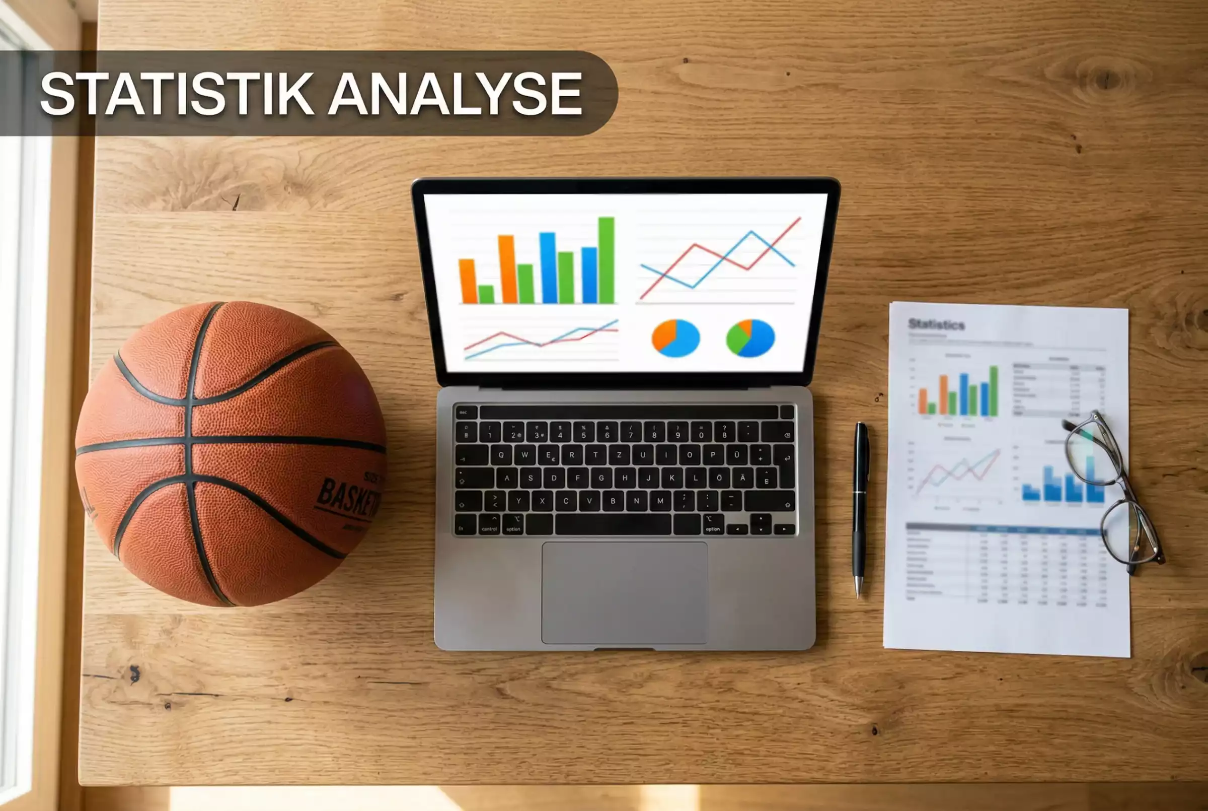 Basketball Statistiken für Wetten – Datenanalyse auf einem Laptop neben einem Basketball