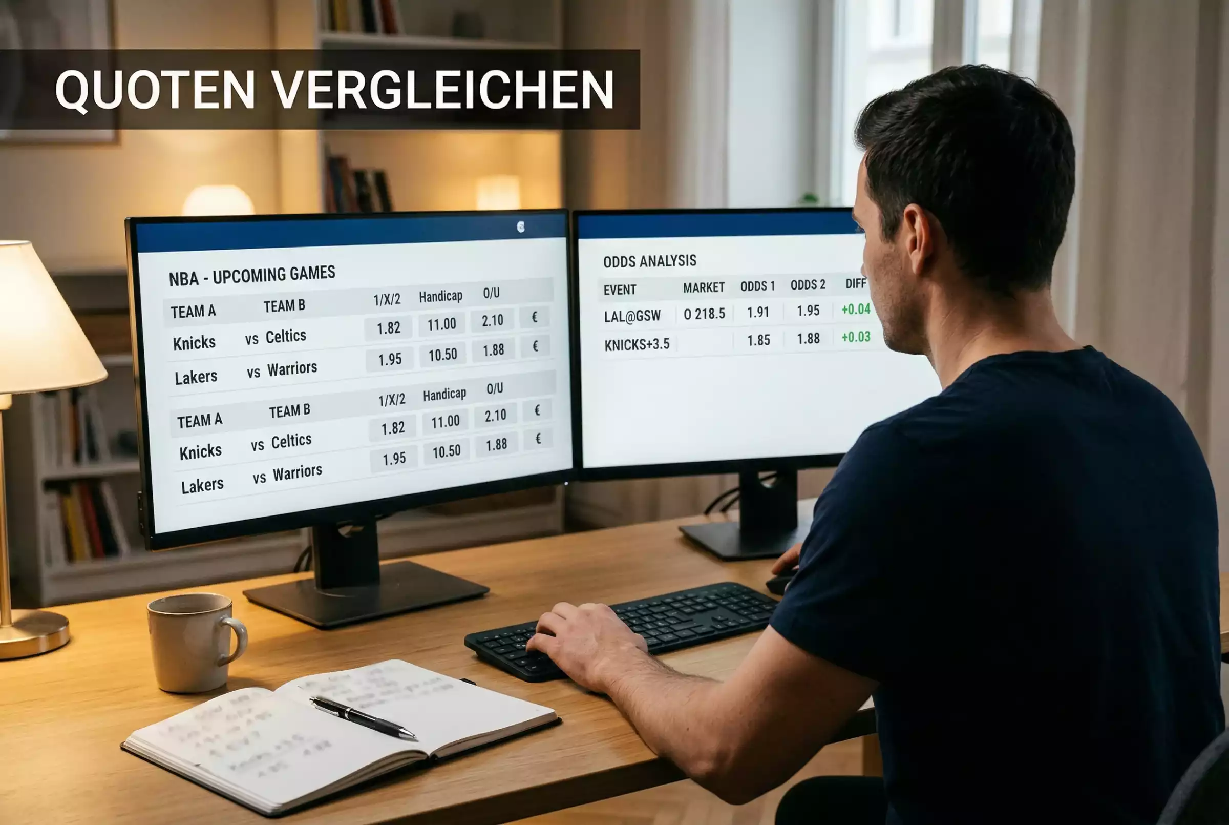 Person vergleicht Basketball-Quoten auf mehreren Bildschirmen an einem Schreibtisch