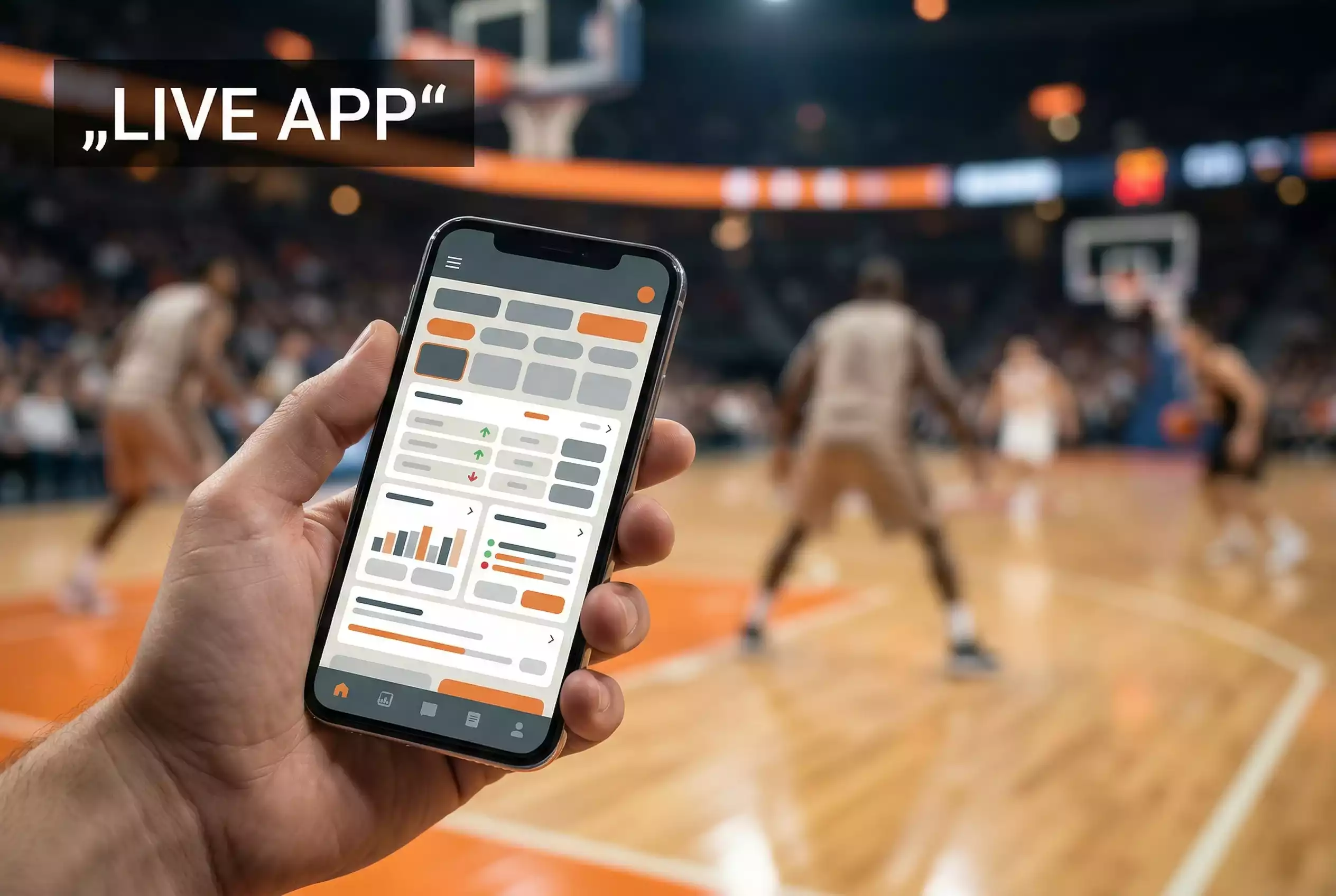 Basketball Wettanbieter Vergleich – Smartphone mit Wett-App neben einem Basketball
