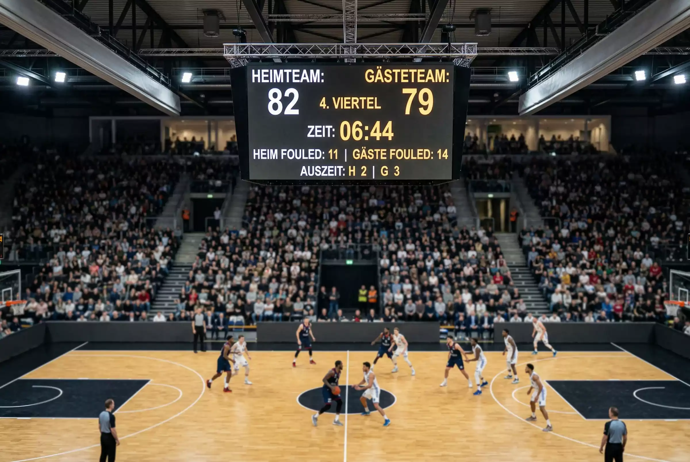 Basketball Wettarten: Anzeigetafel in einer Basketballhalle mit Spielstand und Statistiken