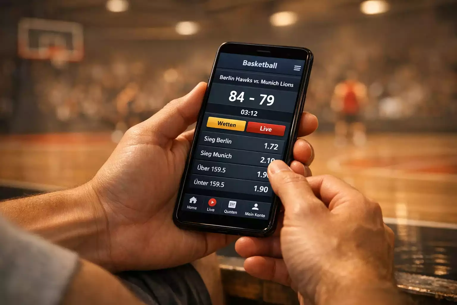 Basketball Wetten App – Hand hält Smartphone mit Wett-App vor einem Basketballspiel