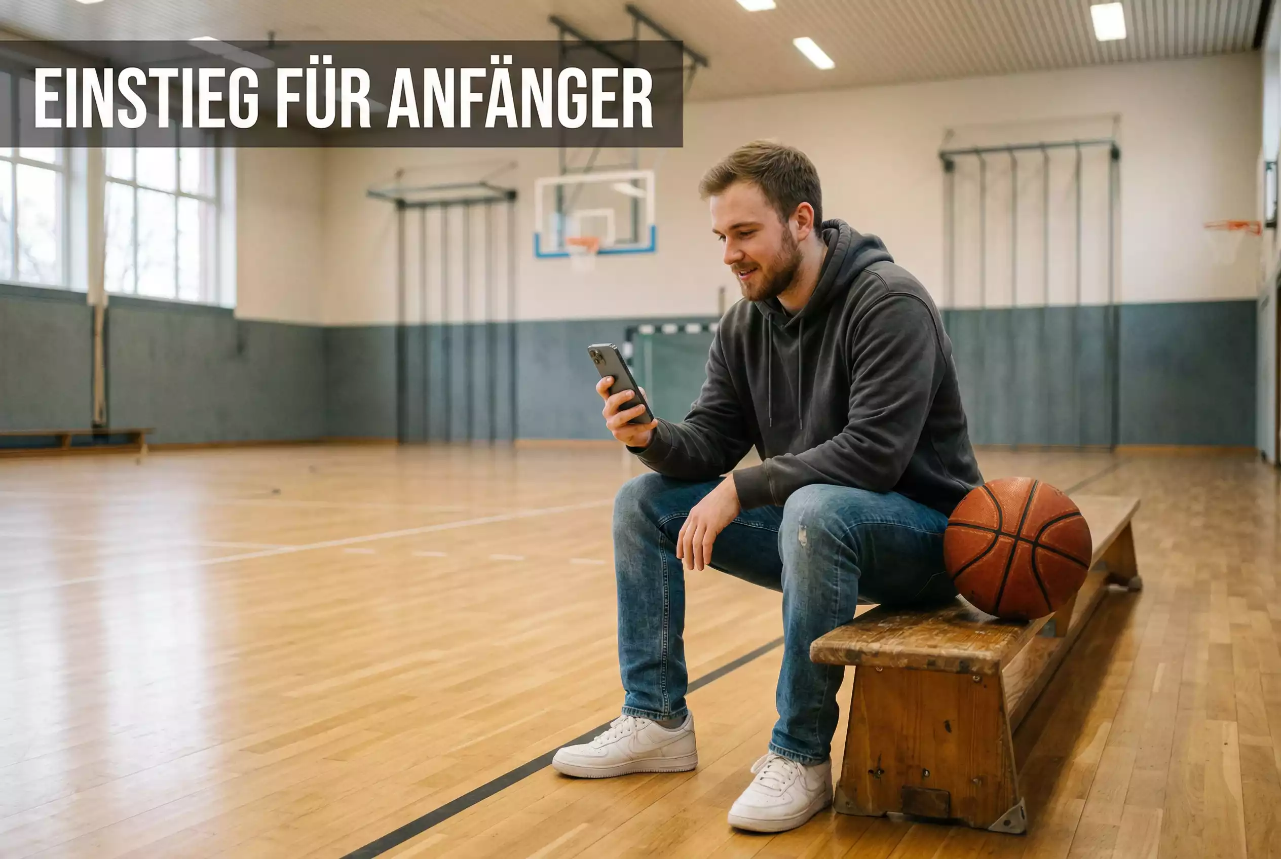 Basketball Wetten für Anfänger – junger Mann hält einen Basketball und schaut auf ein Smartphone