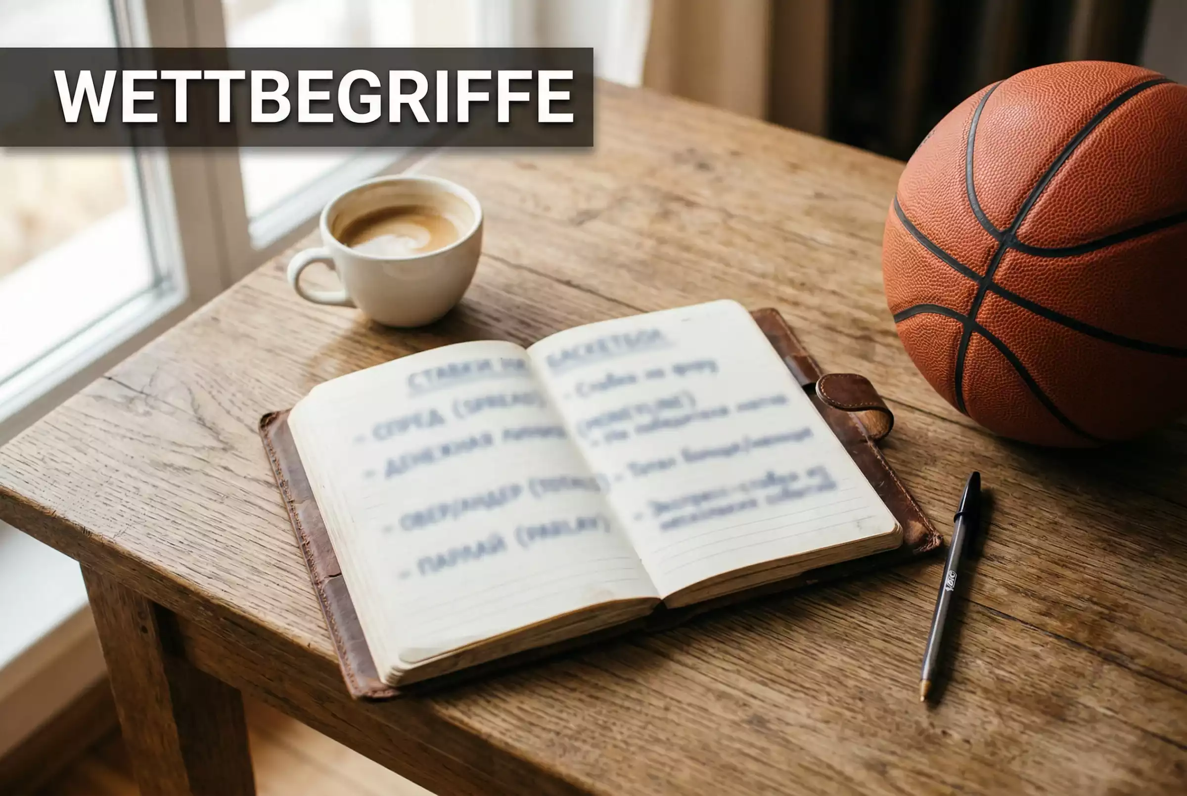 Aufgeschlagenes Notizbuch mit Basketball-Wettbegriffen neben einem Basketball auf einem Holztisch
