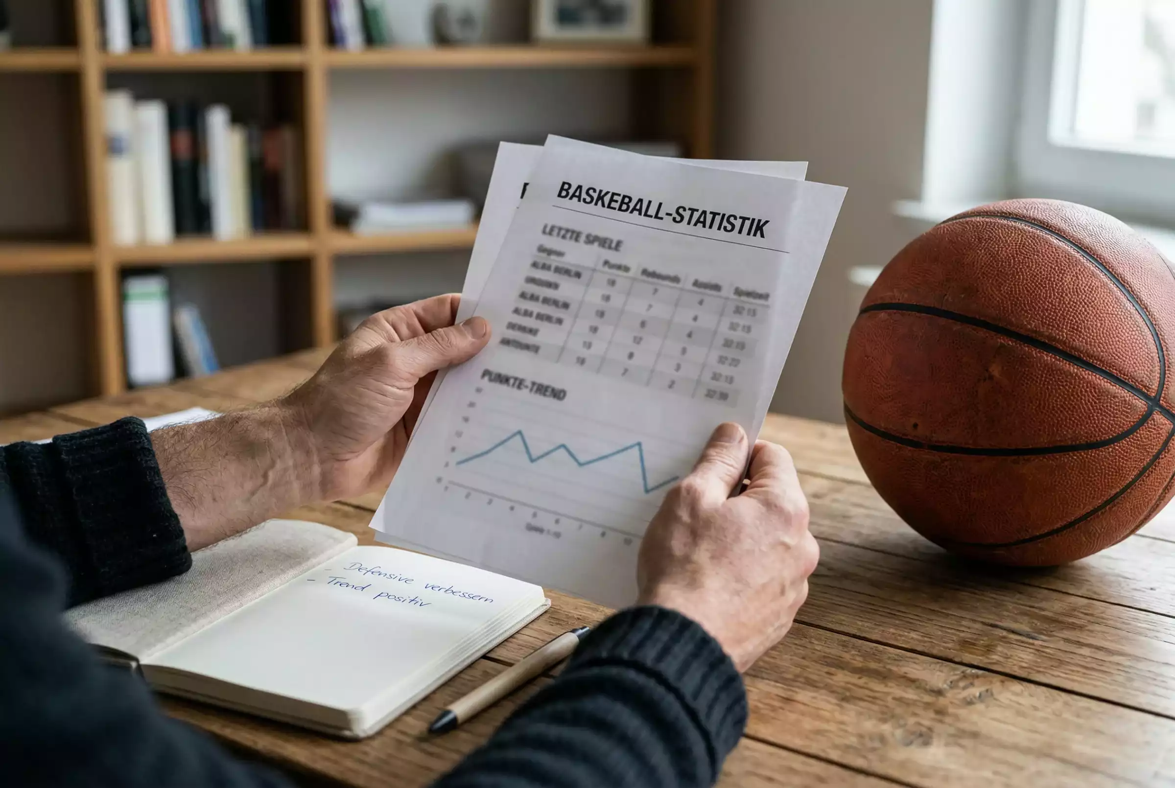 Basketball Wetten Strategie – Mann analysiert Basketballstatistiken an einem Schreibtisch mit Notizbuch