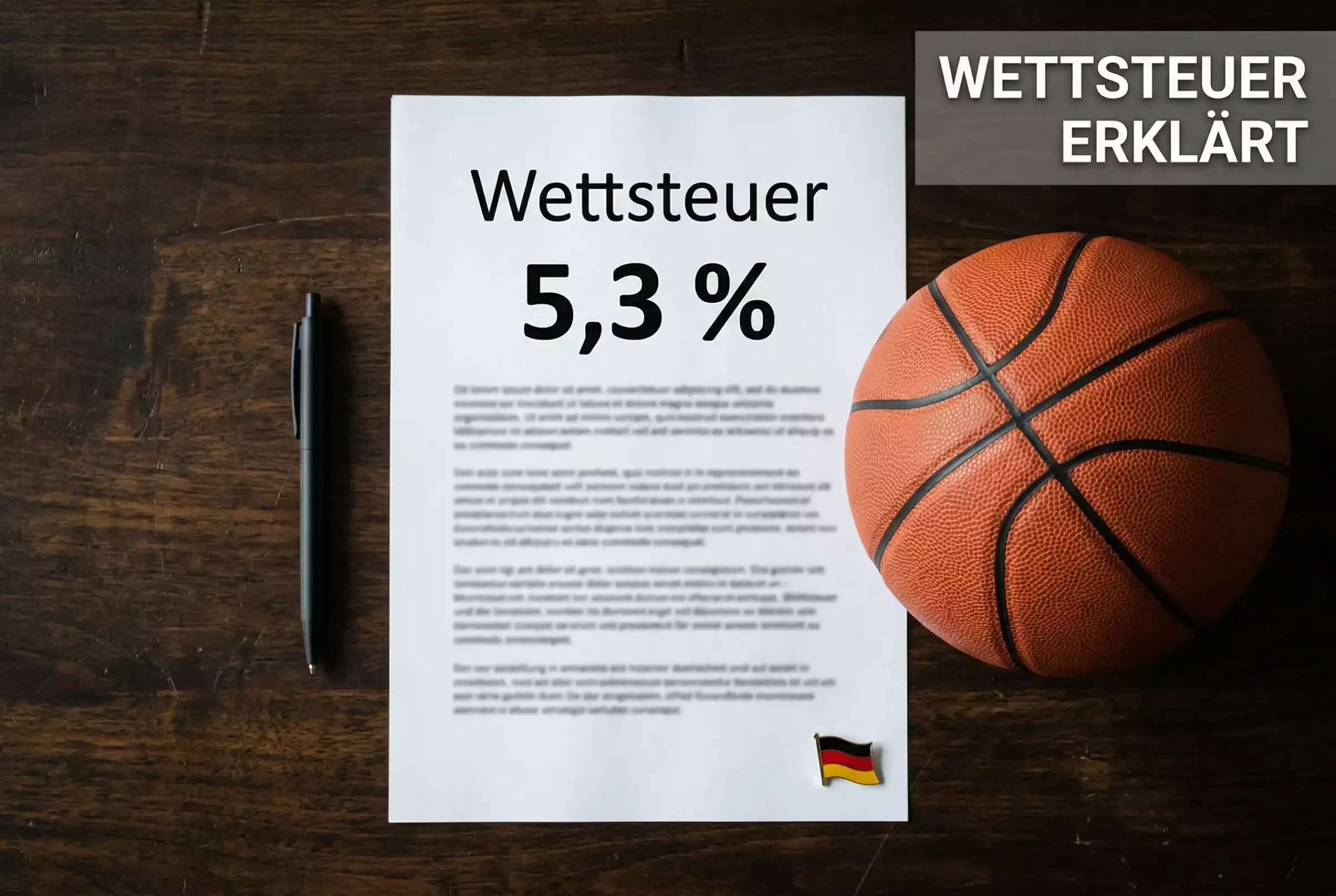 Wettsteuer bei Basketball Wetten – Dokument mit Prozentzeichen und Basketball