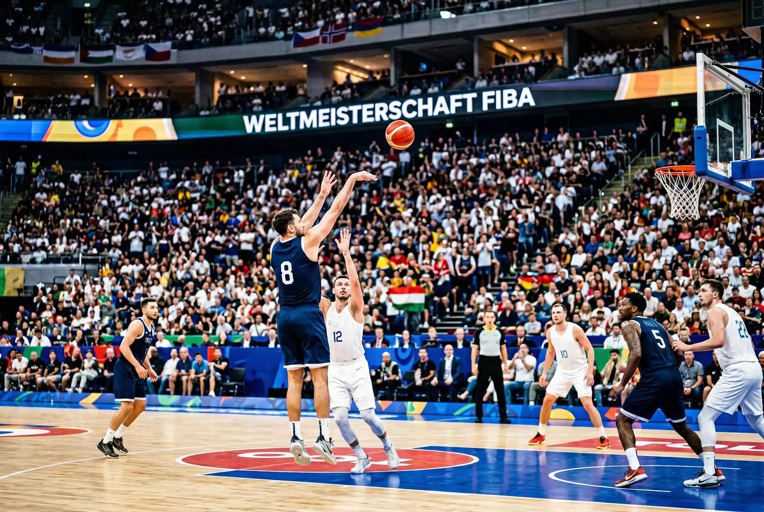 Internationale Basketballmannschaften beim FIBA World Cup auf dem Spielfeld mit Nationalflaggen im Hintergrund