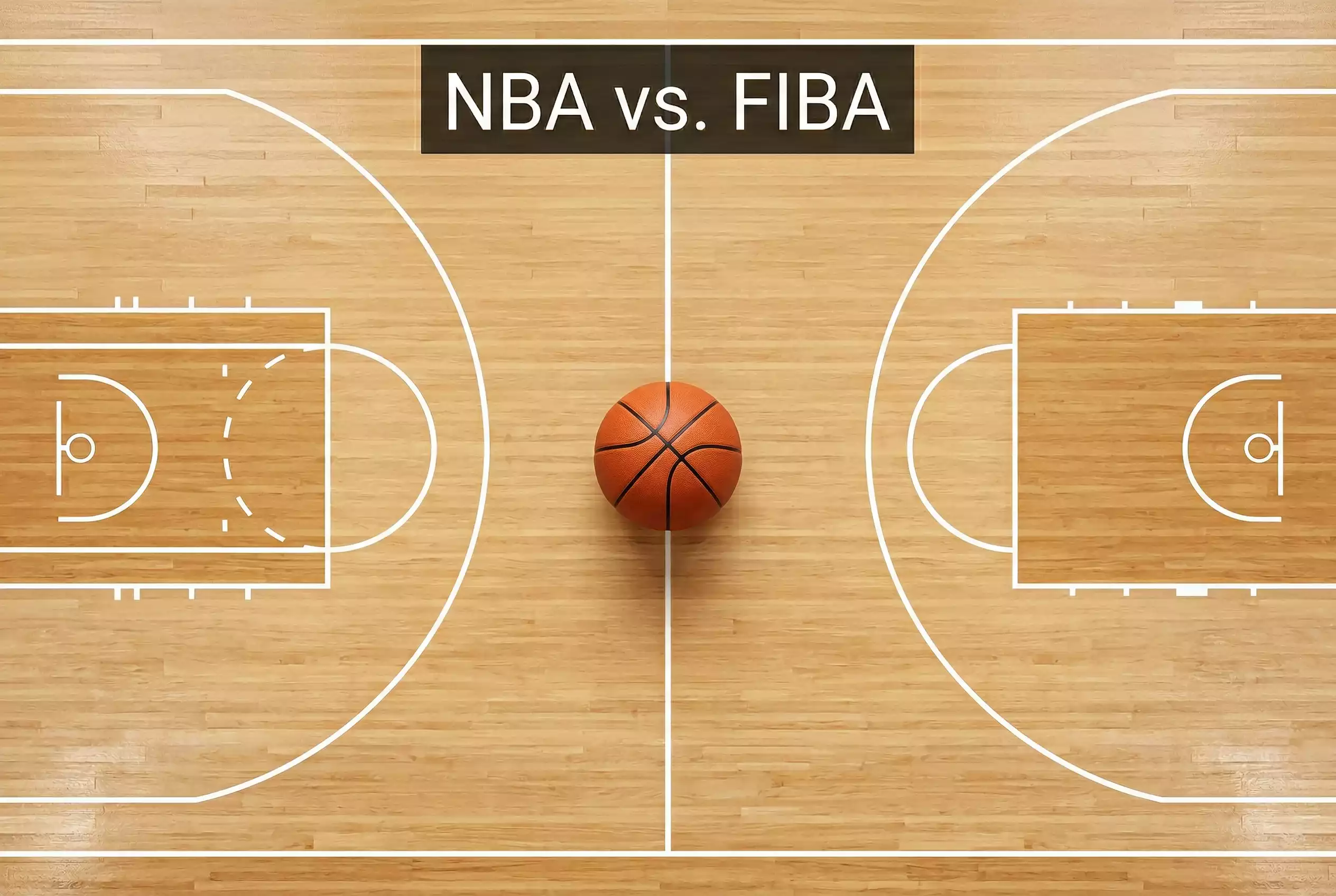 Geteiltes Bild eines Basketballfeldes mit FIBA-Markierungen auf der einen und NBA-Markierungen auf der anderen Seite