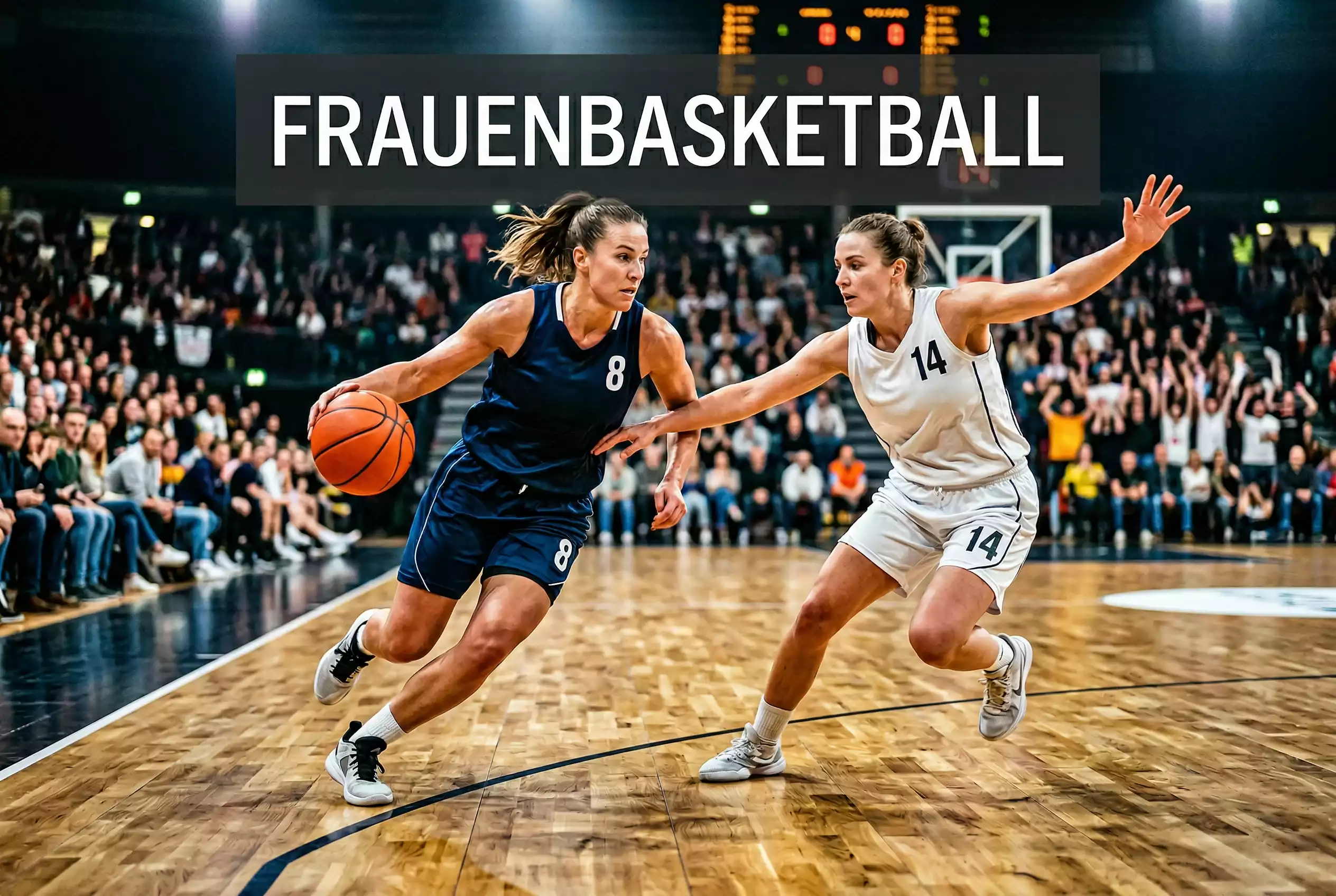 Frauen-Basketballspiel mit Spielerinnen in Aktion auf dem Hartholzparkett einer modernen Arena