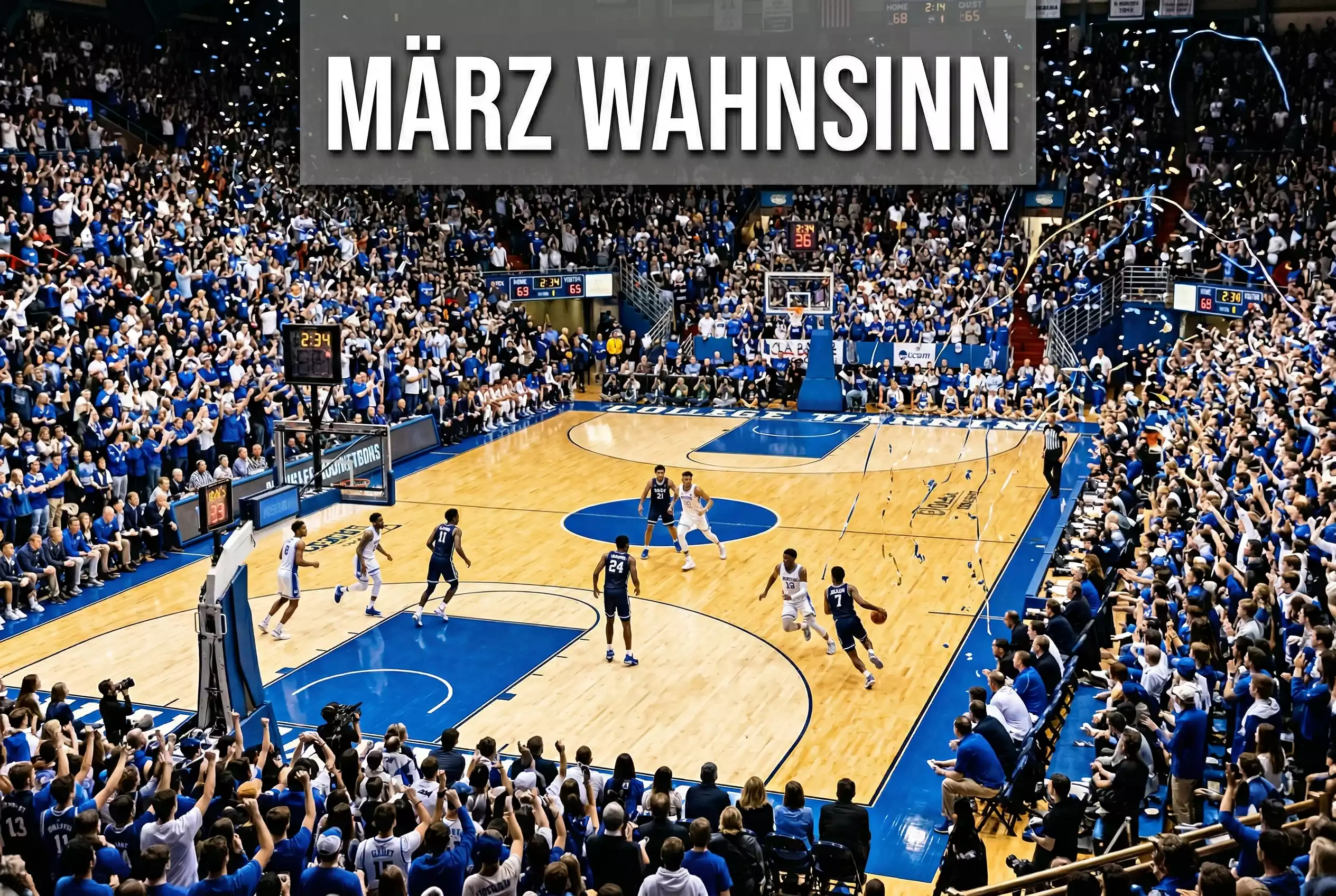 March Madness Wetten – volle College-Basketball-Arena mit Fans und Spielern auf dem Hardwood-Parkett