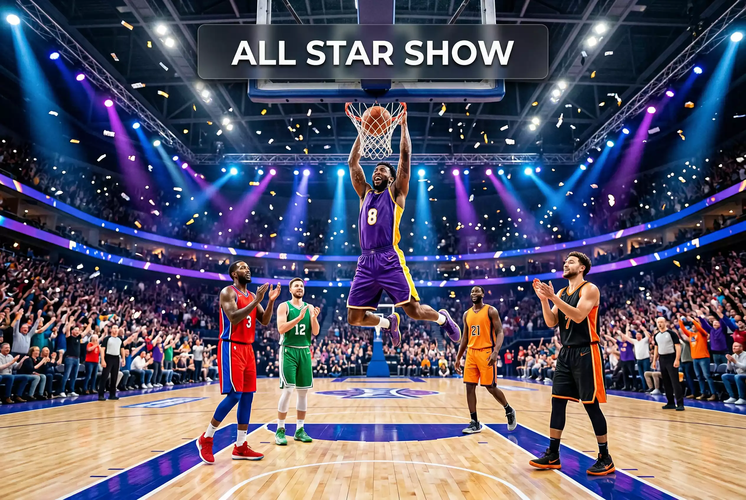 NBA All-Star Game mit Spielern verschiedener Teams in einer festlich beleuchteten Arena