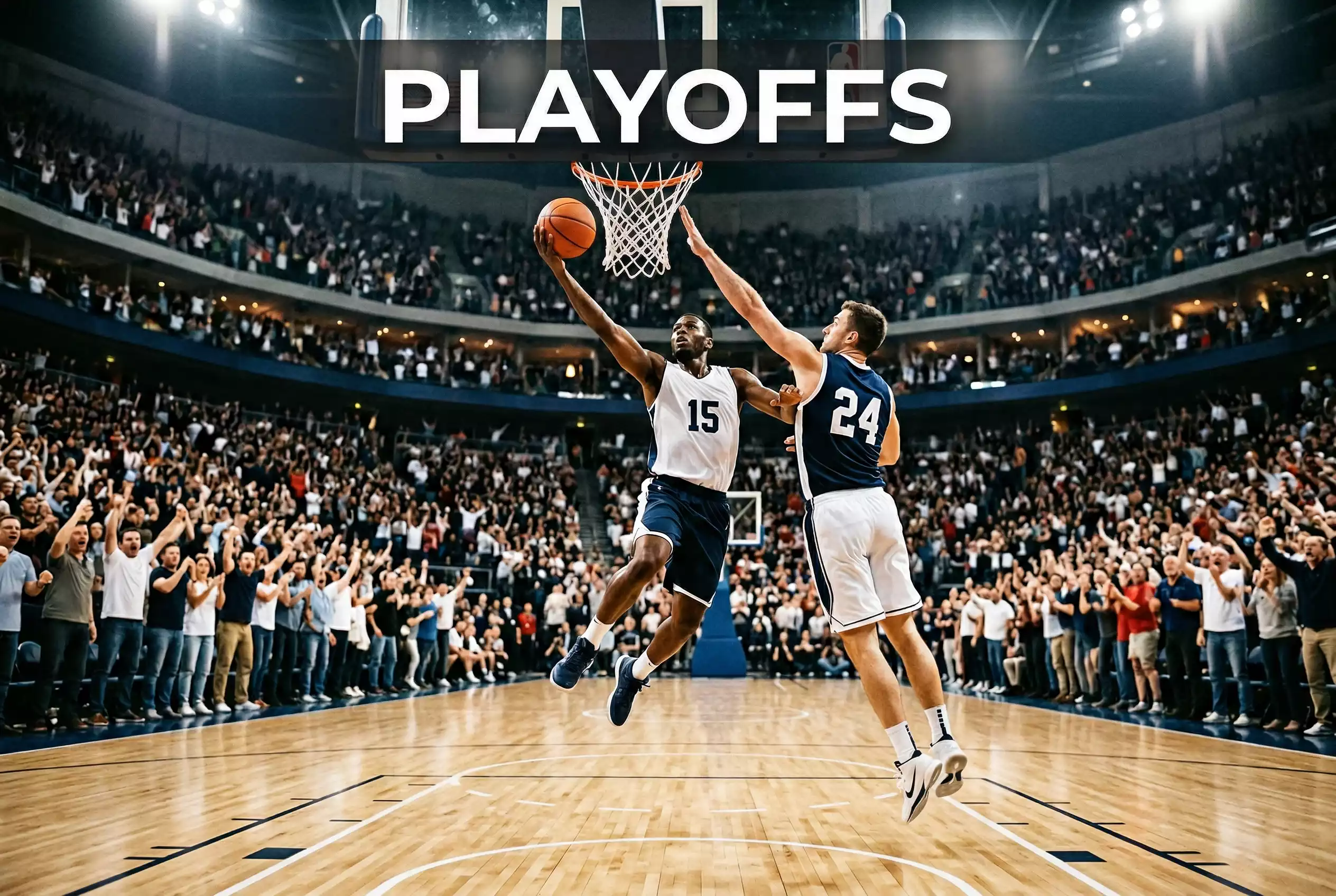 NBA-Playoff-Spiel in einer vollen Arena mit intensiver Atmosphäre und Spielern auf dem Hartholzparkett