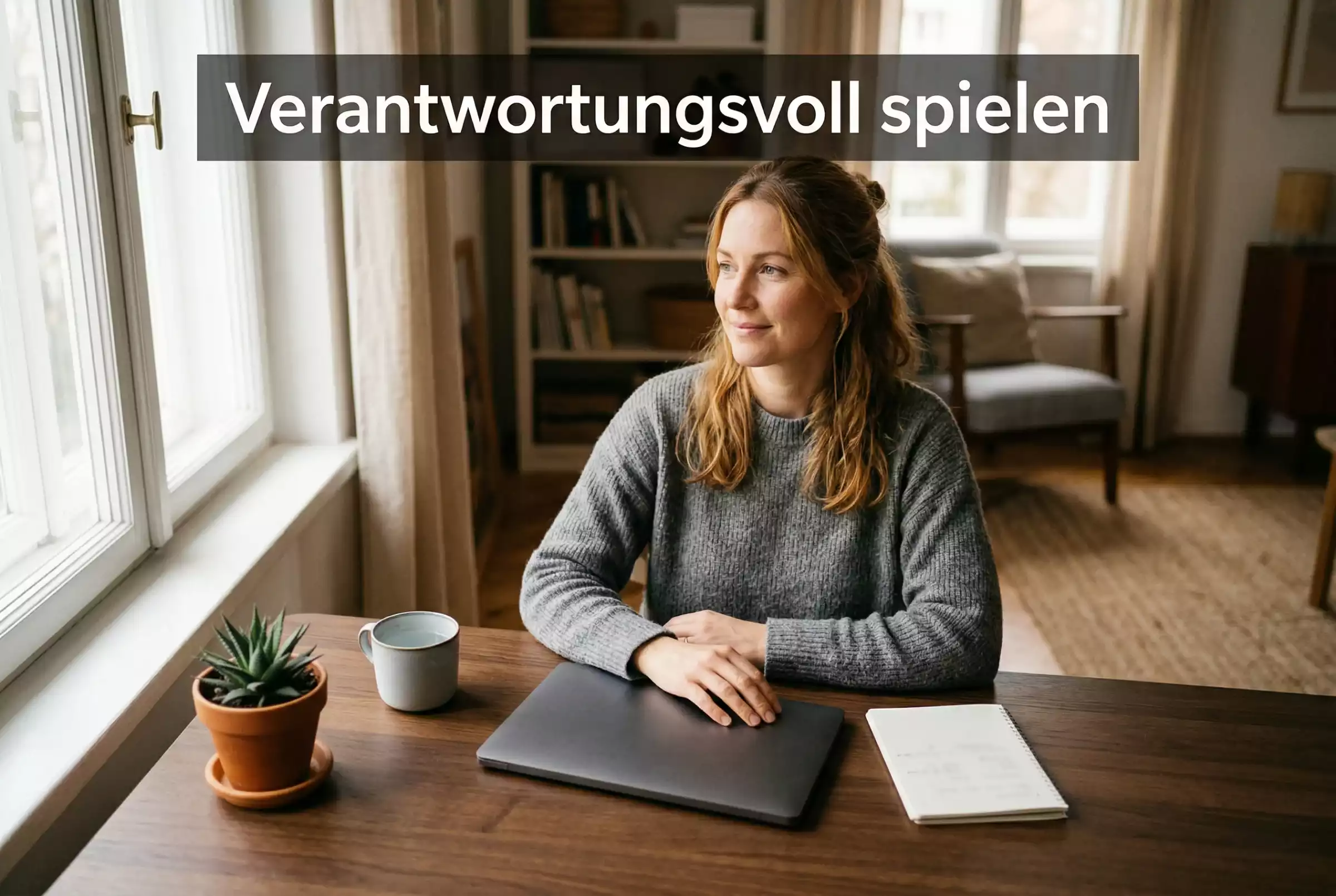 Person setzt sich ruhig an einen Schreibtisch mit Notizbuch und Stift, symbolisch für kontrolliertes Wetten